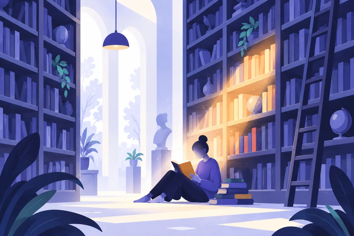 Silhouette sans visage lisant au pied d’une grande bibliothèque dont une seule étagère est éclairée, contenu utile