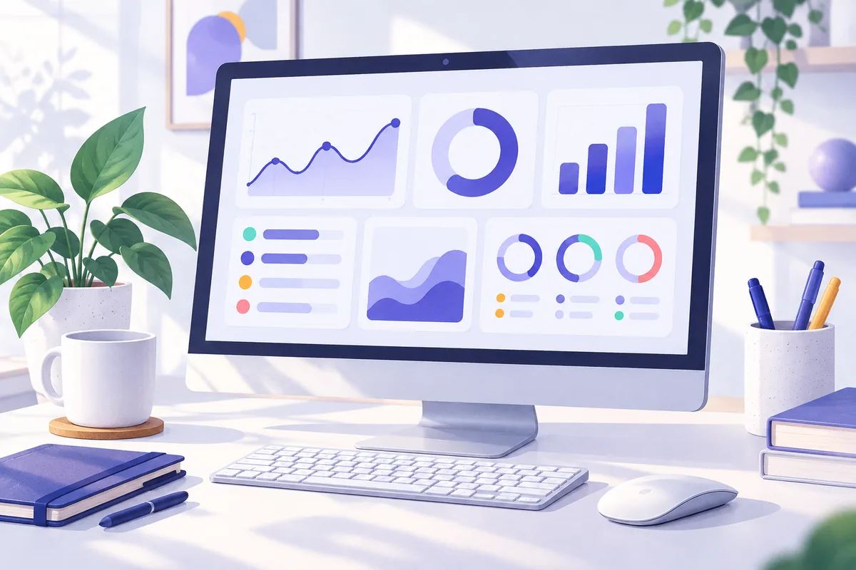 Écran d’ordinateur affichant un tableau de bord stylisé aux tuiles et courbes indigo, Google Analytics 4