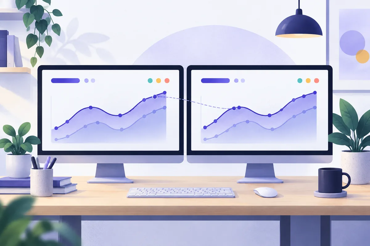 Deux petits écrans côte à côte affichant des courbes voisines mais décalées, écarts entre Search Console et analytics