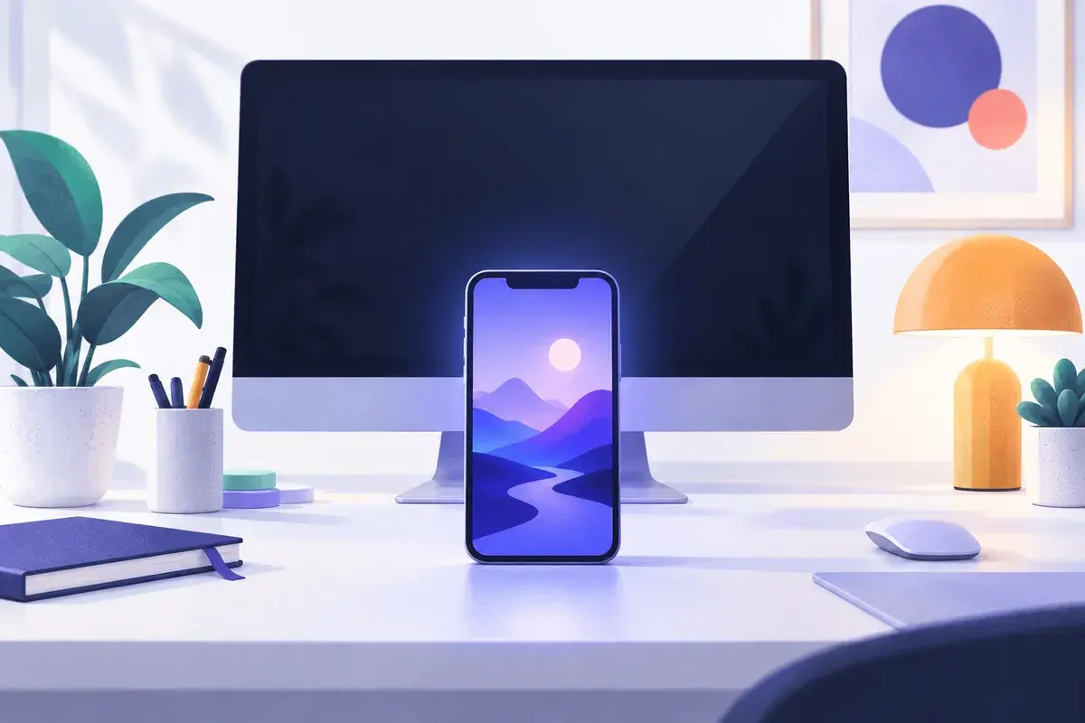 Smartphone posé devant un grand écran d’ordinateur, la page du téléphone éclairée comme référence, indexation mobile-first
