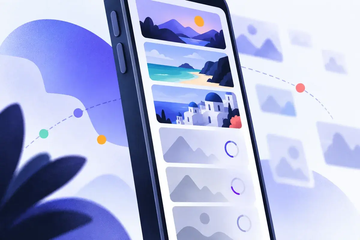 Rangée d’images qui apparaissent une à une au fil du défilement d’un écran de téléphone, chargement différé et indexation mobile-first