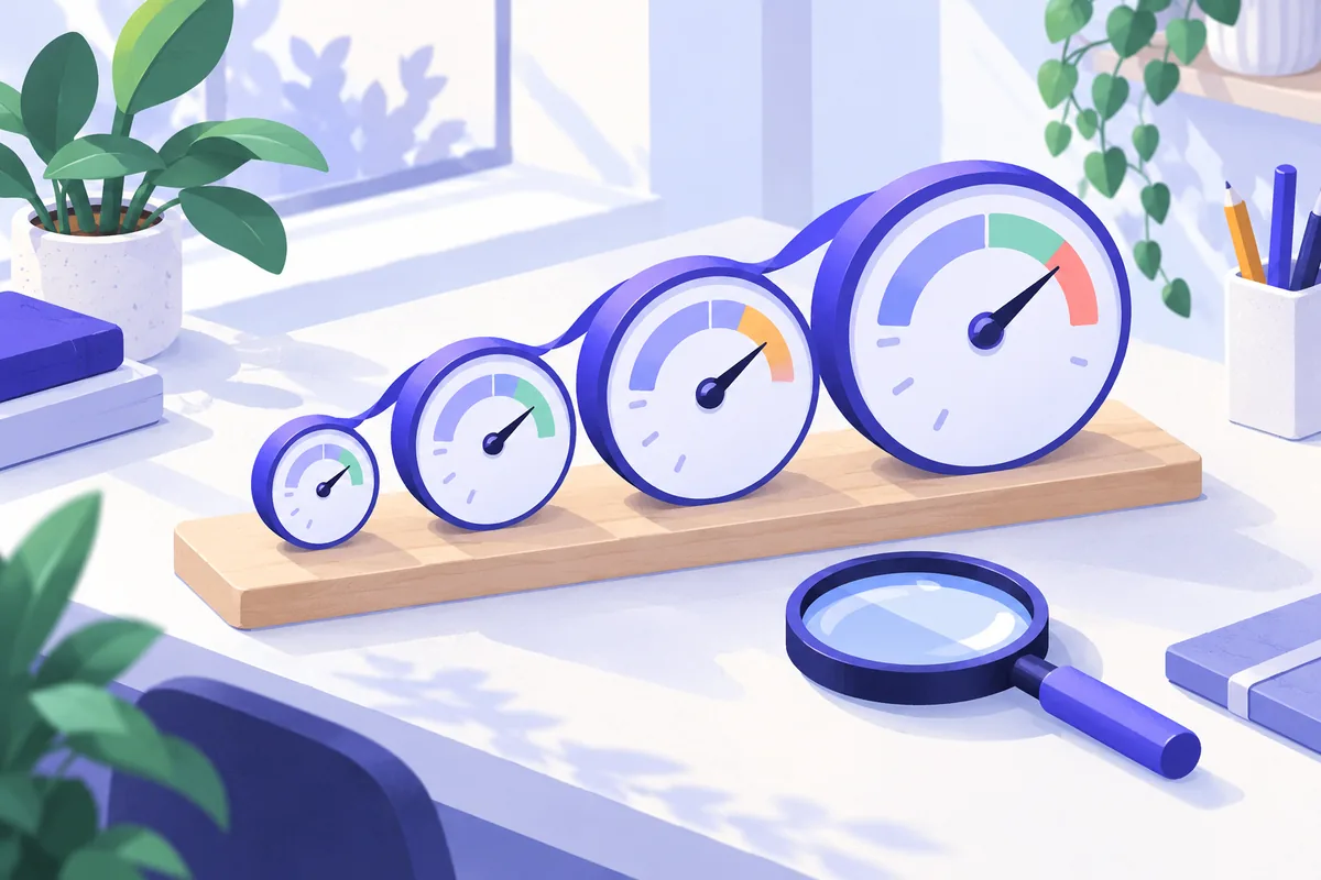 Tableau de bord posé sur un bureau avec quatre cadrans alignés du plus rapide au plus lent, indicateurs SEO