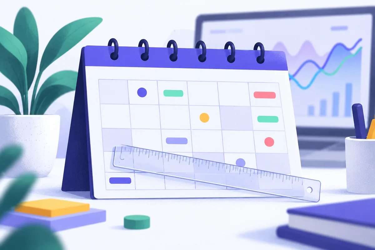 Calendrier mural annoté de repères colorés devant un écran de courbes, suivi des indicateurs SEO dans le temps