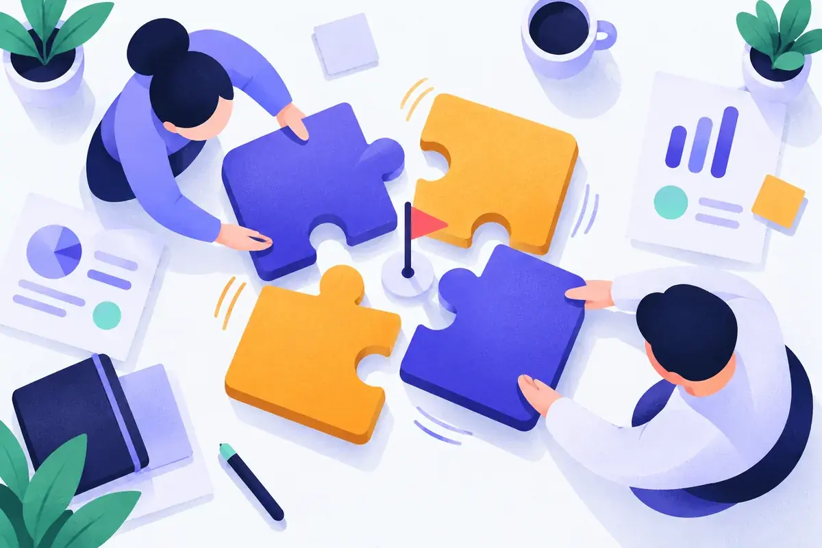 Table de réunion où deux équipes assemblent des pièces de puzzle complémentaires, modèle hybride pour internaliser son SEO