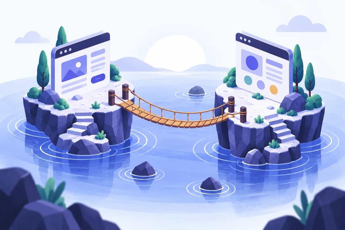Deux petites îles de pages web reliées par un fin pont de cordes au-dessus d’un lac calme, netlinking et liens entrants