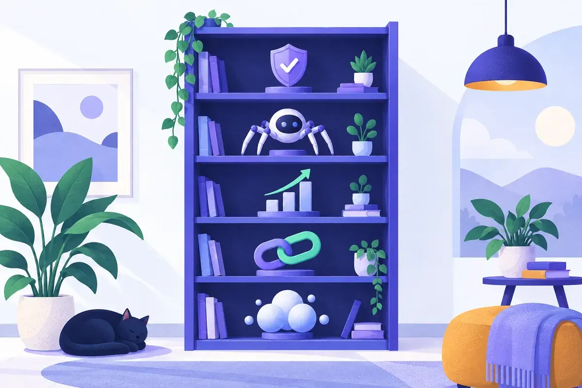 Bibliothèque ouverte où des carnets, une loupe et des tableaux de bord sont rangés par famille, outils SEO