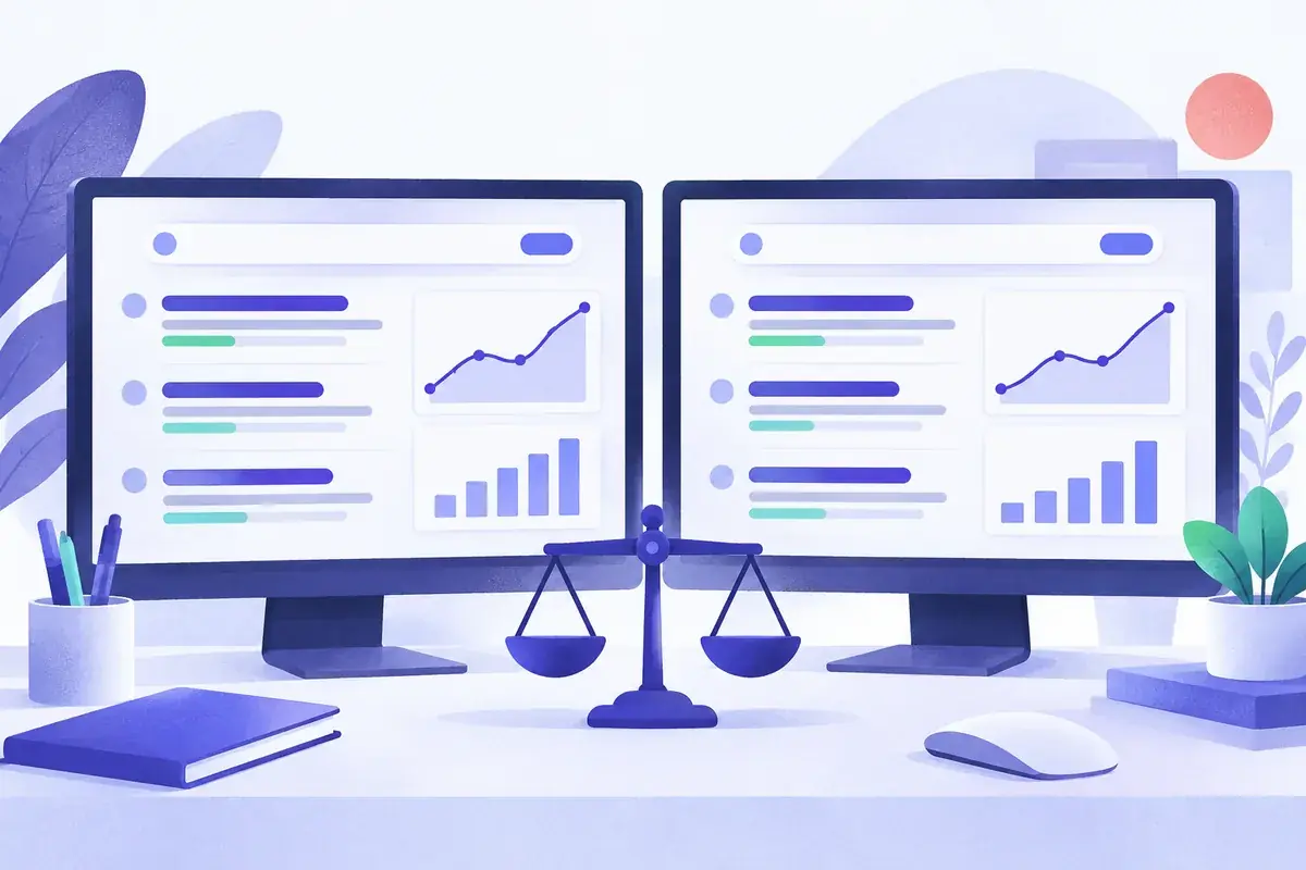 Deux écrans côte à côte affichant des courbes légèrement différentes pour la même page, comparaison des outils SEO