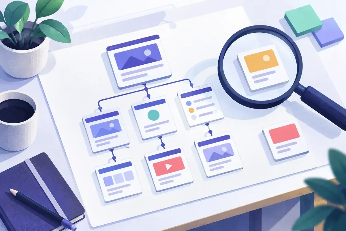 Loupe posée sur un plan de site dont certaines pages isolées ne sont reliées à rien, diagnostic des pages non indexées
