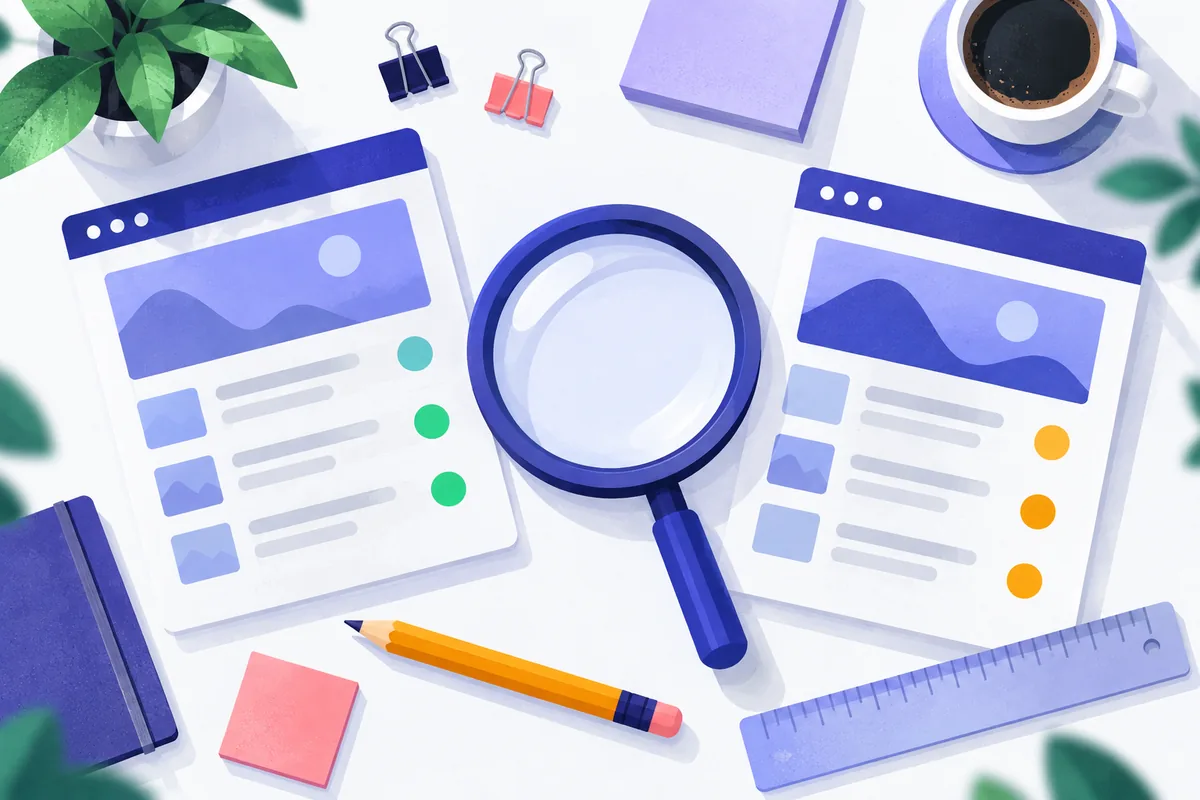 Table de travail où une loupe compare deux fiches de sites annotées de pastilles, qualité des backlinks
