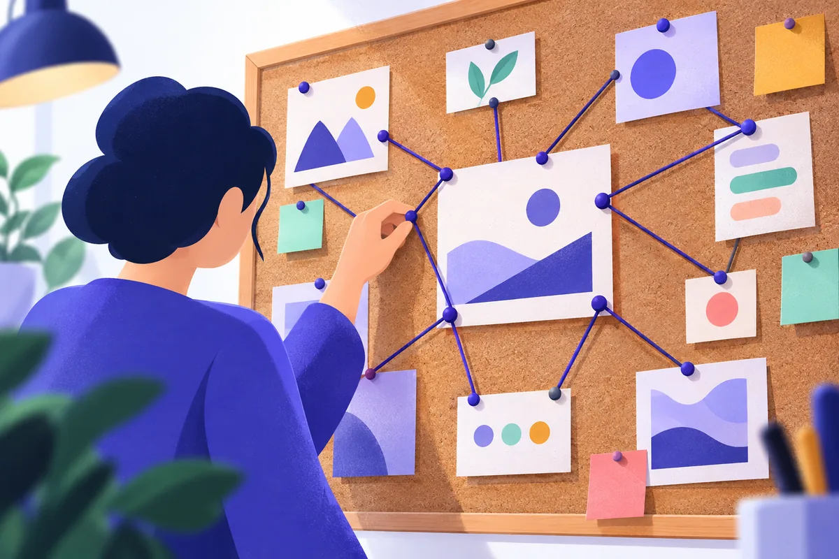 Plan de travail où des fils indigo relient des cartes de sites de tailles variées, qualité des backlinks