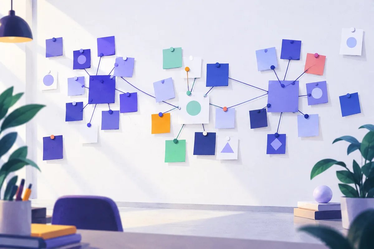 Mur de papiers colorés regroupés par teinte, avec des fils reliant les groupes, mots-clés organisés par thèmes