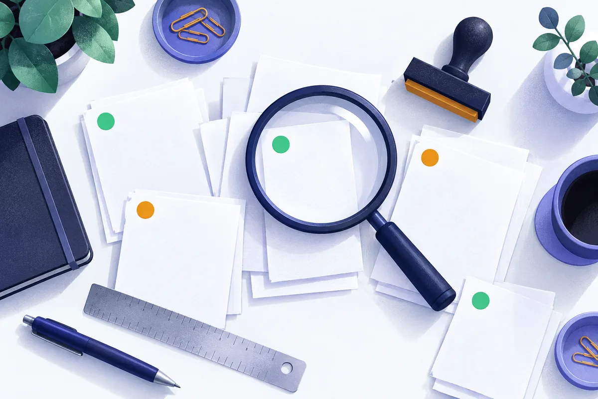 Bureau où une loupe examine des fiches de règles étiquetées par des pastilles de couleur, règles anti-spam de Google