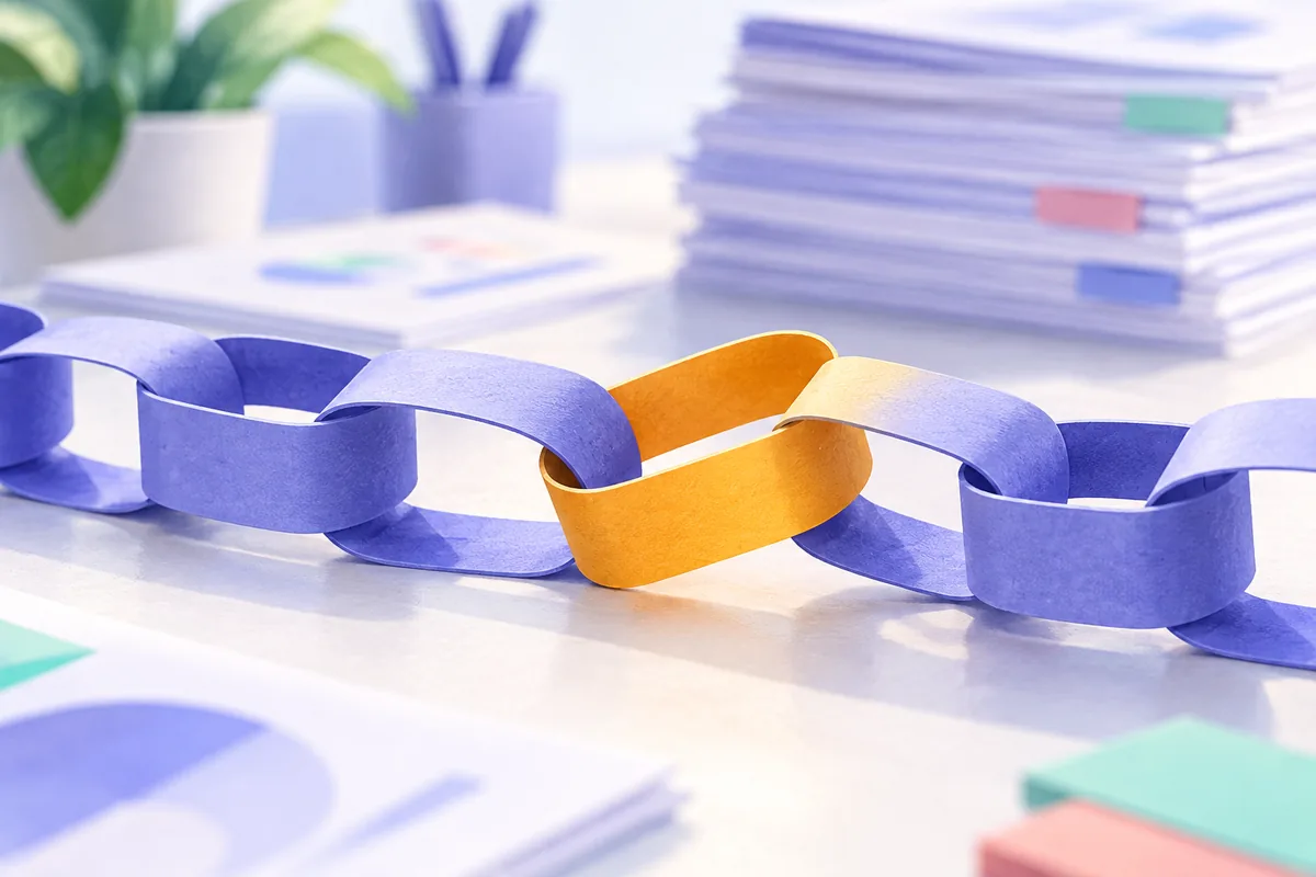 Maillons de chaîne en papier dont un seul est teinté d’ambre, posés sur une table claire, règles anti-spam de Google et liens artificiels