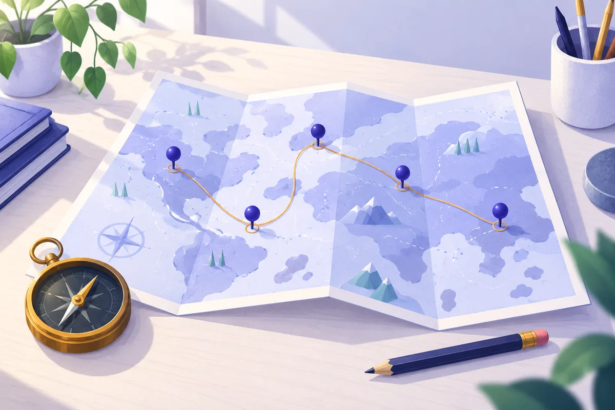 Plan de ville dépliée sur une table où des épingles indigo marquent les rues à visiter, sitemap XML