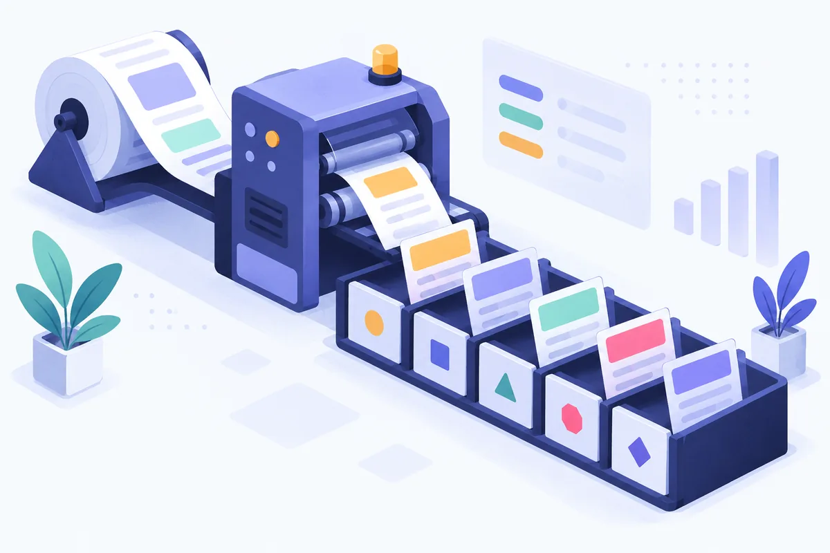Rouleau de papier continu sortant d’une petite machine et déposant des fiches de pages dans des casiers, génération du sitemap