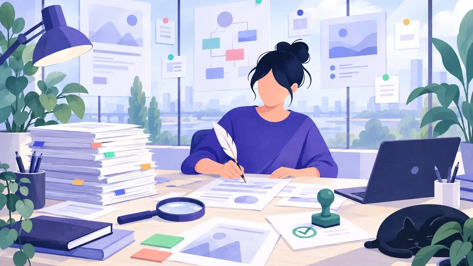 Atelier de rédaction avec une pile de sources, une loupe et un tampon de validation, méthode éditoriale du site Référenceur SEO