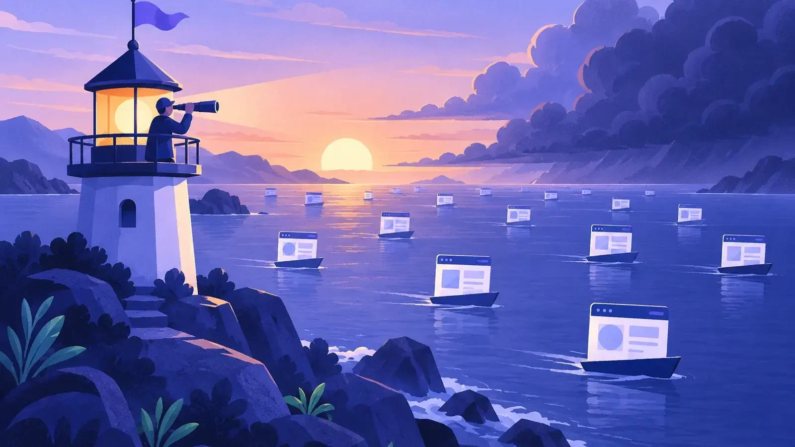 Tour de guet au-dessus d’une mer de pages web avec une longue-vue braquée sur l’horizon, veille sur l’actualité du SEO