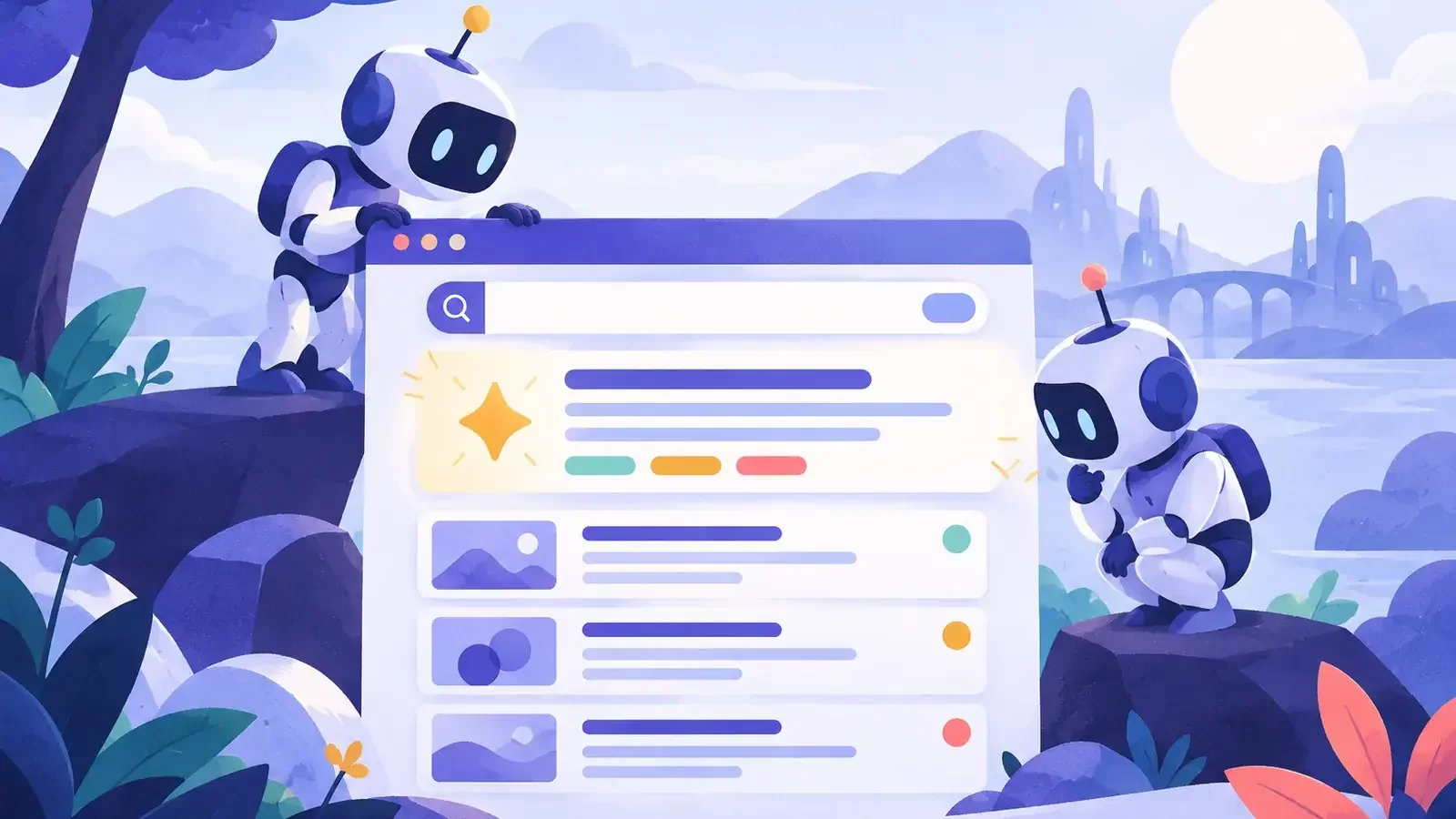 Bandeau de réponse résumée au-dessus d’une liste de liens, entouré de petits robots lecteurs, AI Overviews et SEO