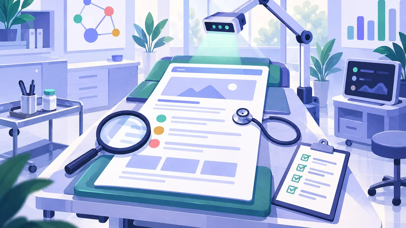 Atelier de diagnostic où une page est examinée avec un stéthoscope, une loupe et une check-list, déroulé d’un audit SEO