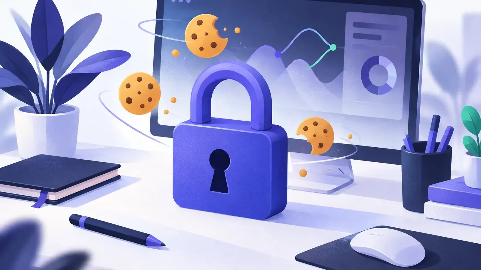 Cadenas indigo posé devant une porte vitrée à travers laquelle on devine des courbes de mesure partielles, consentement et mesure
