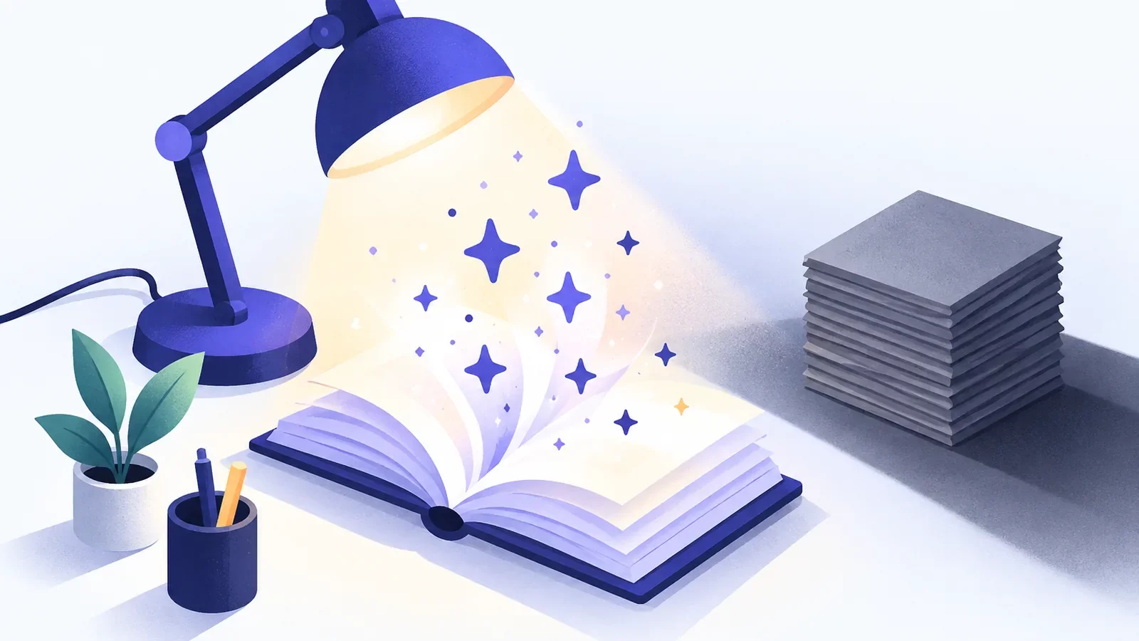 Lampe de bureau éclairant un livre ouvert dont les pages deviennent des étoiles, à côté d’une pile de feuilles grises, contenu utile