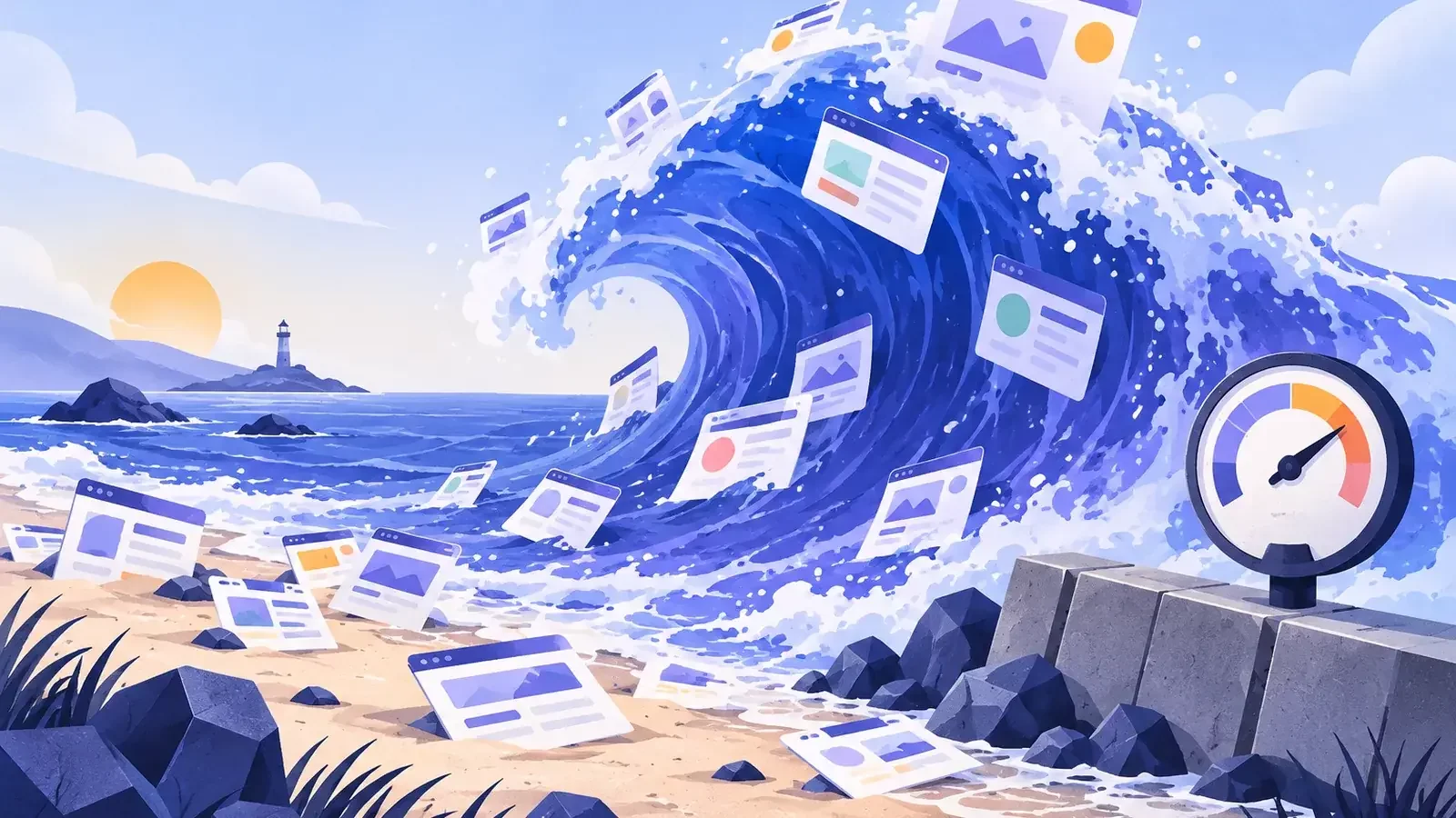 Vague d’une mise à jour qui traverse une plage de pages web, avec un baromètre et une digue, core update Google