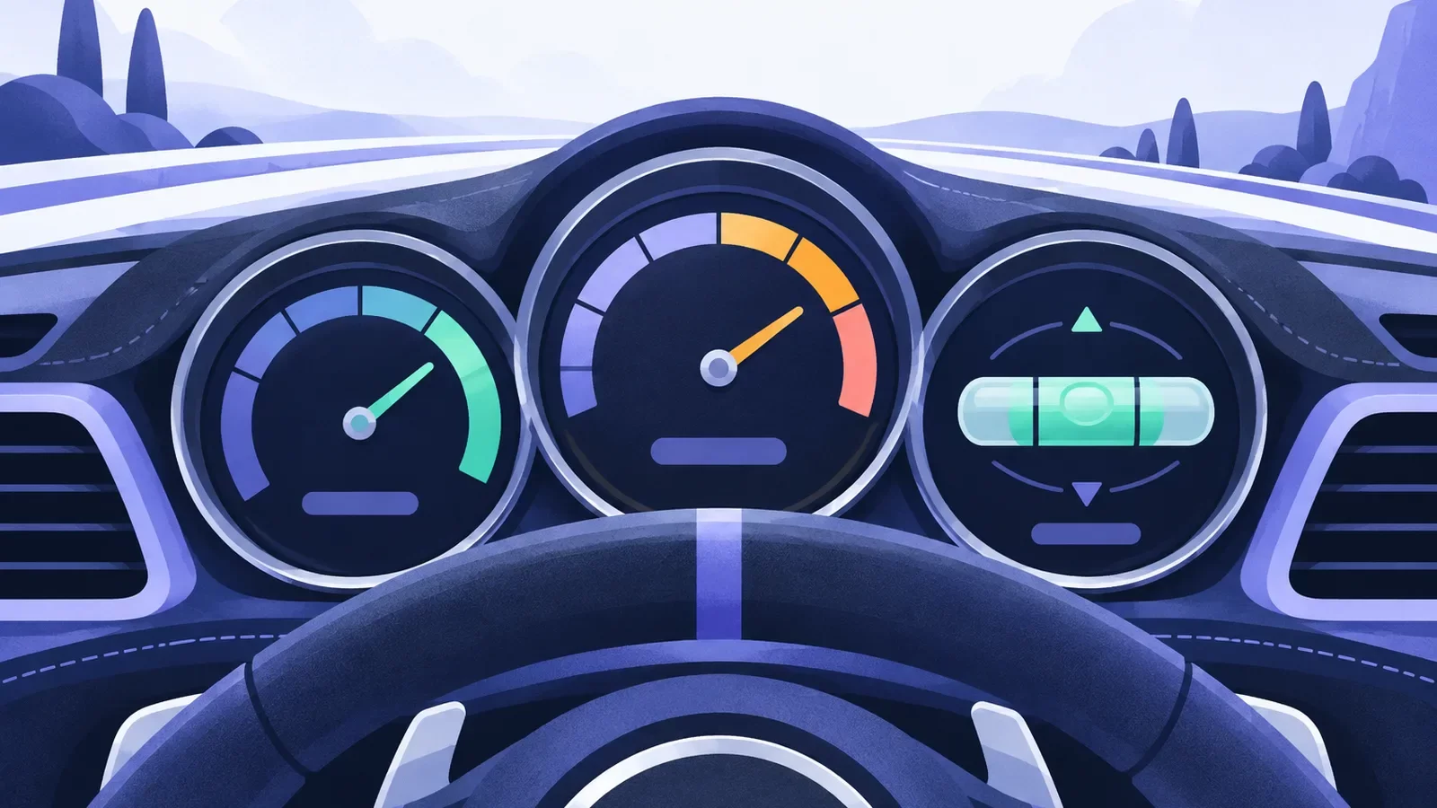 Tableau de bord de voiture de course avec trois cadrans de vitesse, de réactivité et de stabilité, Core Web Vitals
