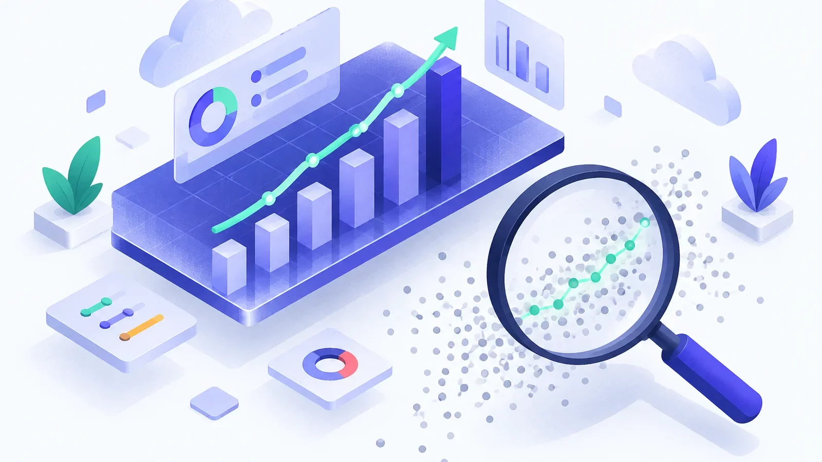 Plaque de verre indigo flottante portant des histogrammes et une courbe, avec une loupe isolant un filet de points lumineux, Google Analytics 4