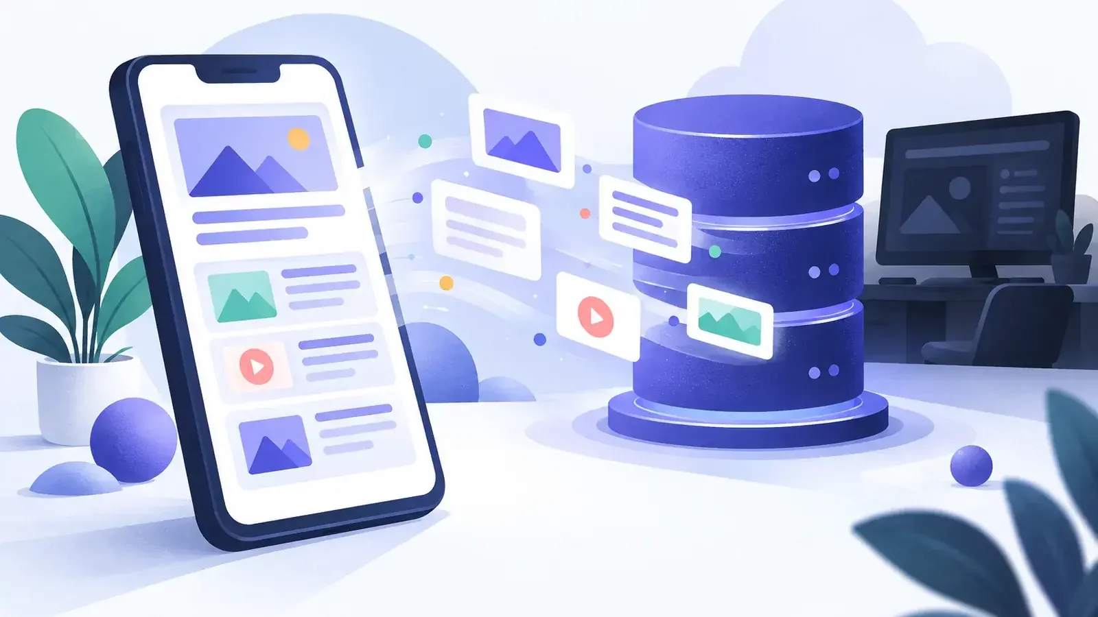 Smartphone au premier plan dont l’écran éclairé alimente un grand cylindre d’index, avec un écran d’ordinateur en retrait, indexation mobile-first