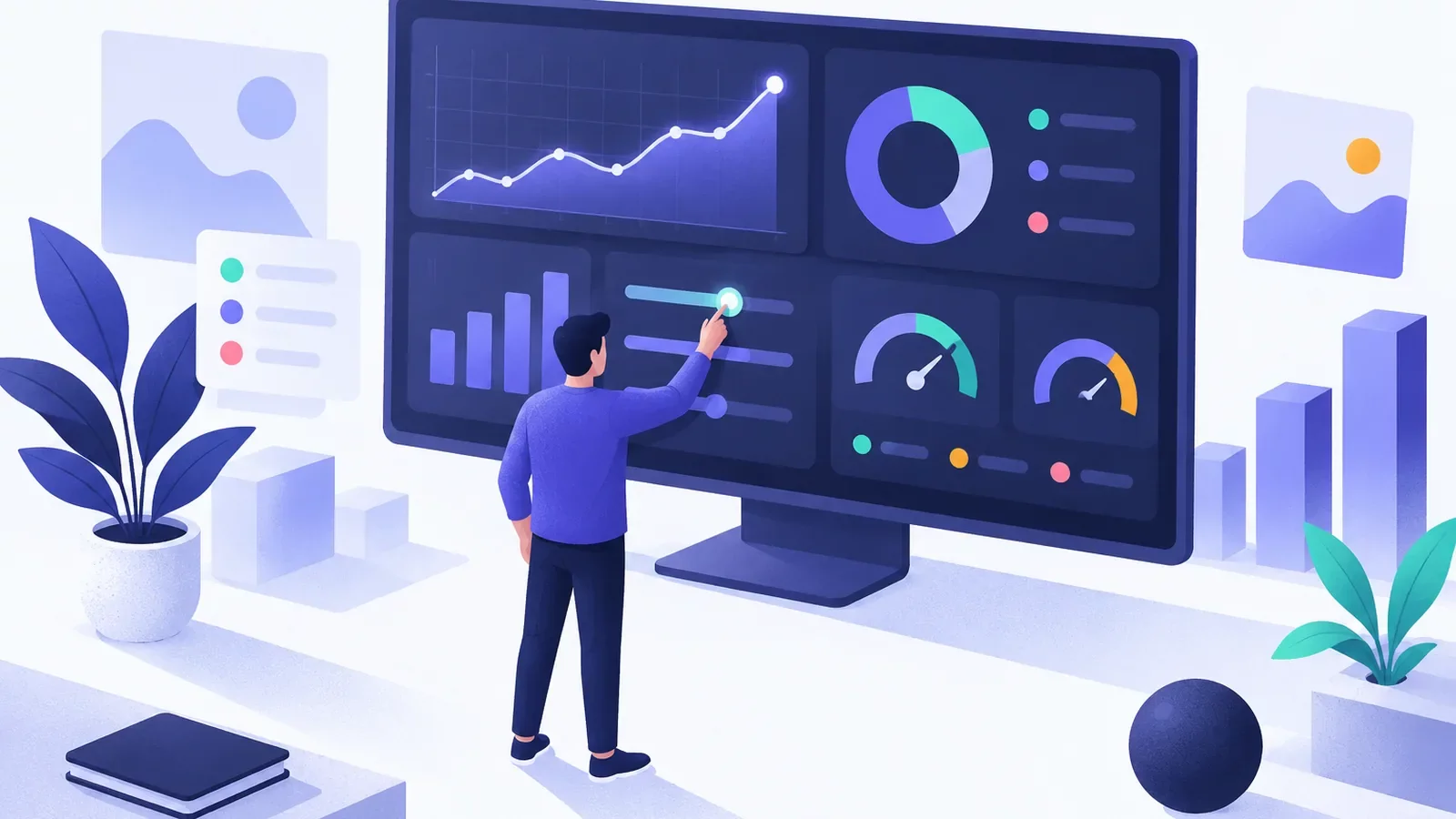 Tableau de bord indigo aux cadrans et courbes que l’on ajuste devant un grand écran, indicateurs SEO