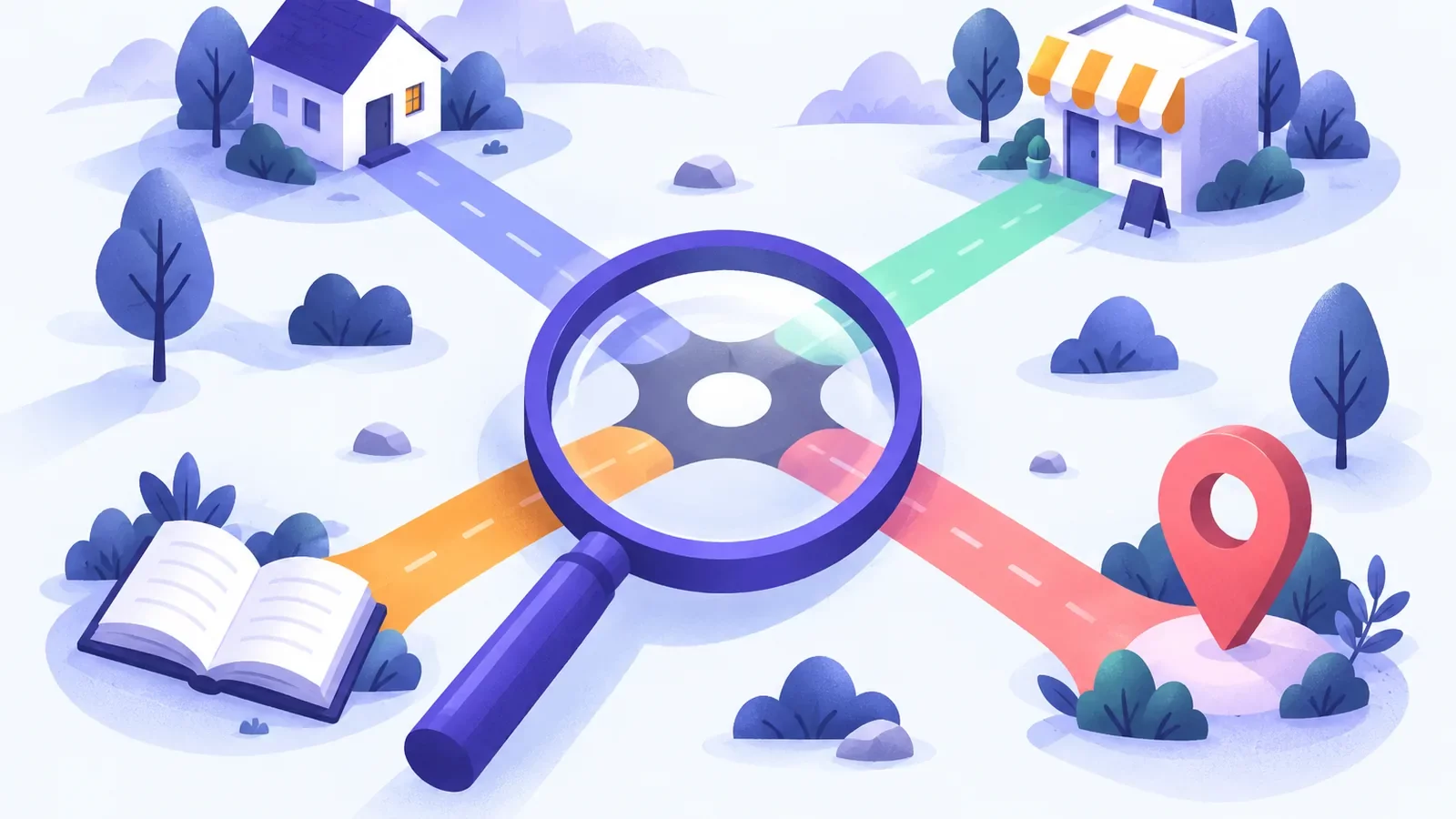 Grande loupe devant un carrefour de chemins qui mènent vers des destinations différentes, intention de recherche