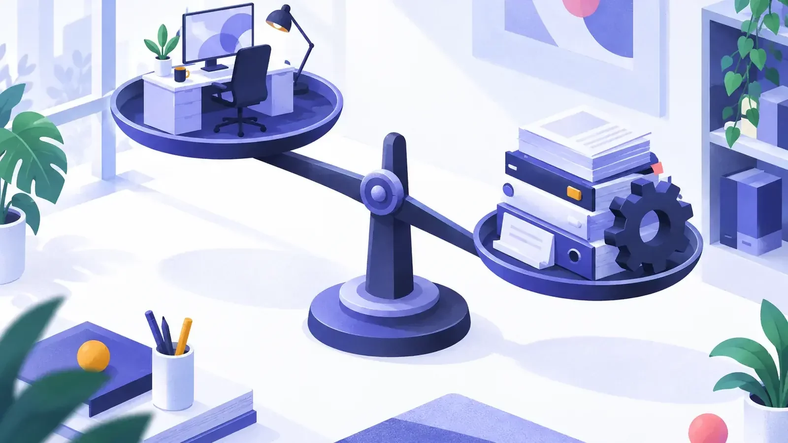 Balance de bureau dont un plateau porte un petit poste de travail et l’autre une pile de dossiers, internaliser son SEO