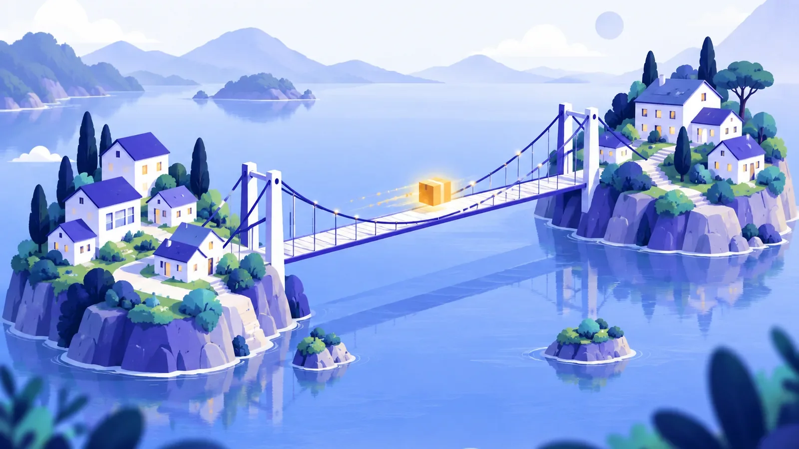 Deux îles de pages web reliées par un pont suspendu au-dessus d’un lac, sous un ciel clair, netlinking