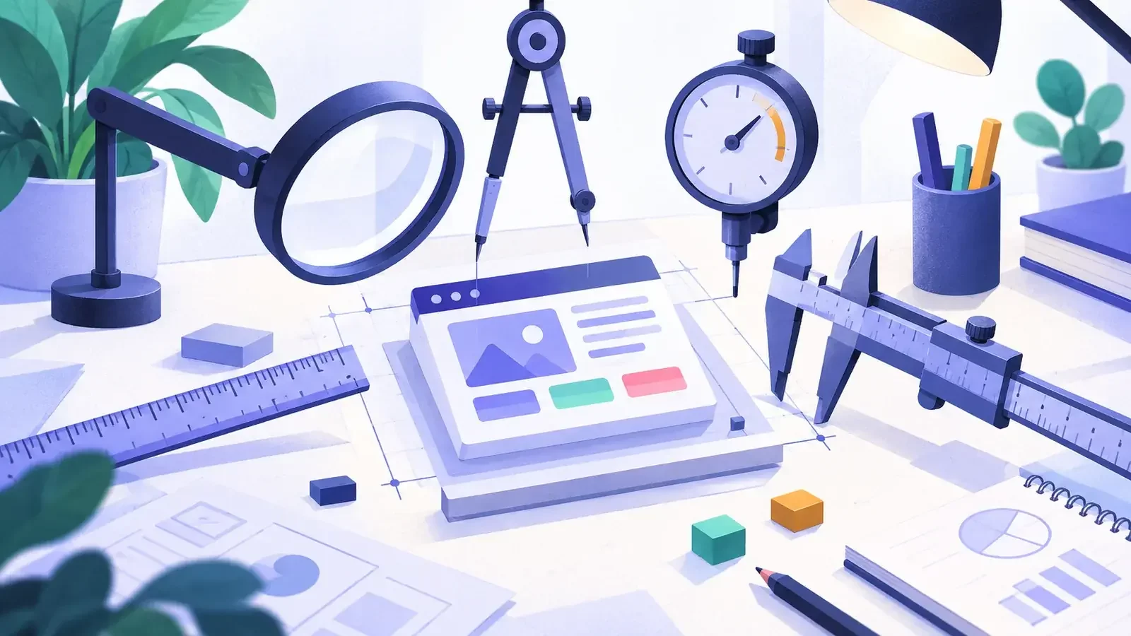 Établi d’atelier couvert d’instruments de mesure différents pointés vers une même page web, outils SEO