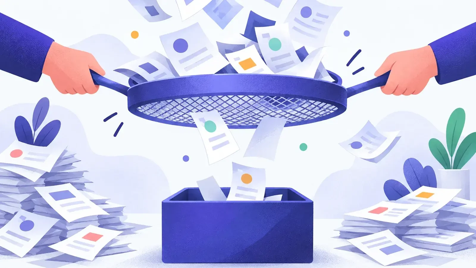 Pile de pages devant un grand tamis indigo qui n’en laisse passer que quelques-unes, pages non indexées