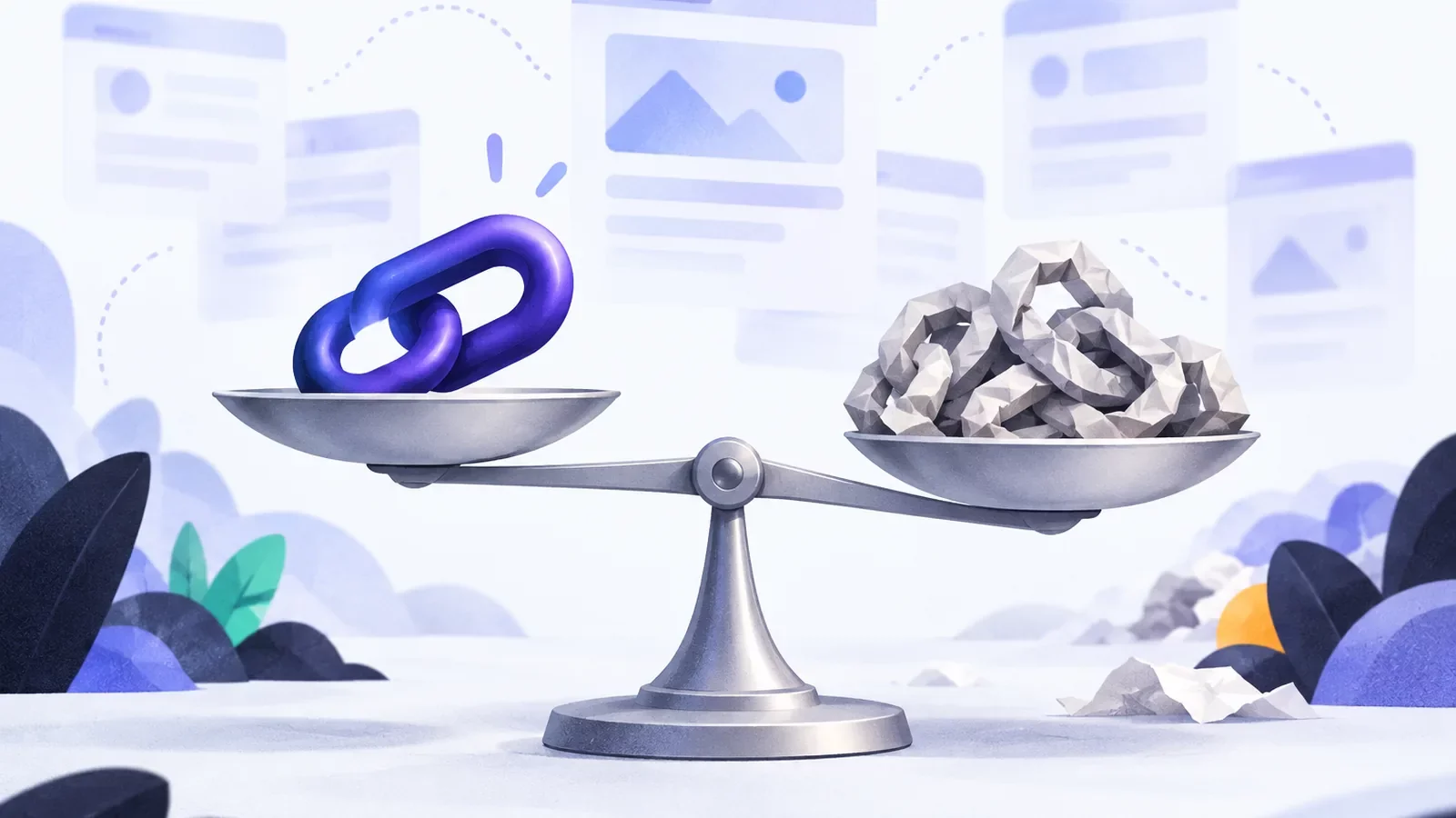 Balance posée sur une table devant plusieurs chaînes de maillons dont une seule est dorée, qualité des backlinks