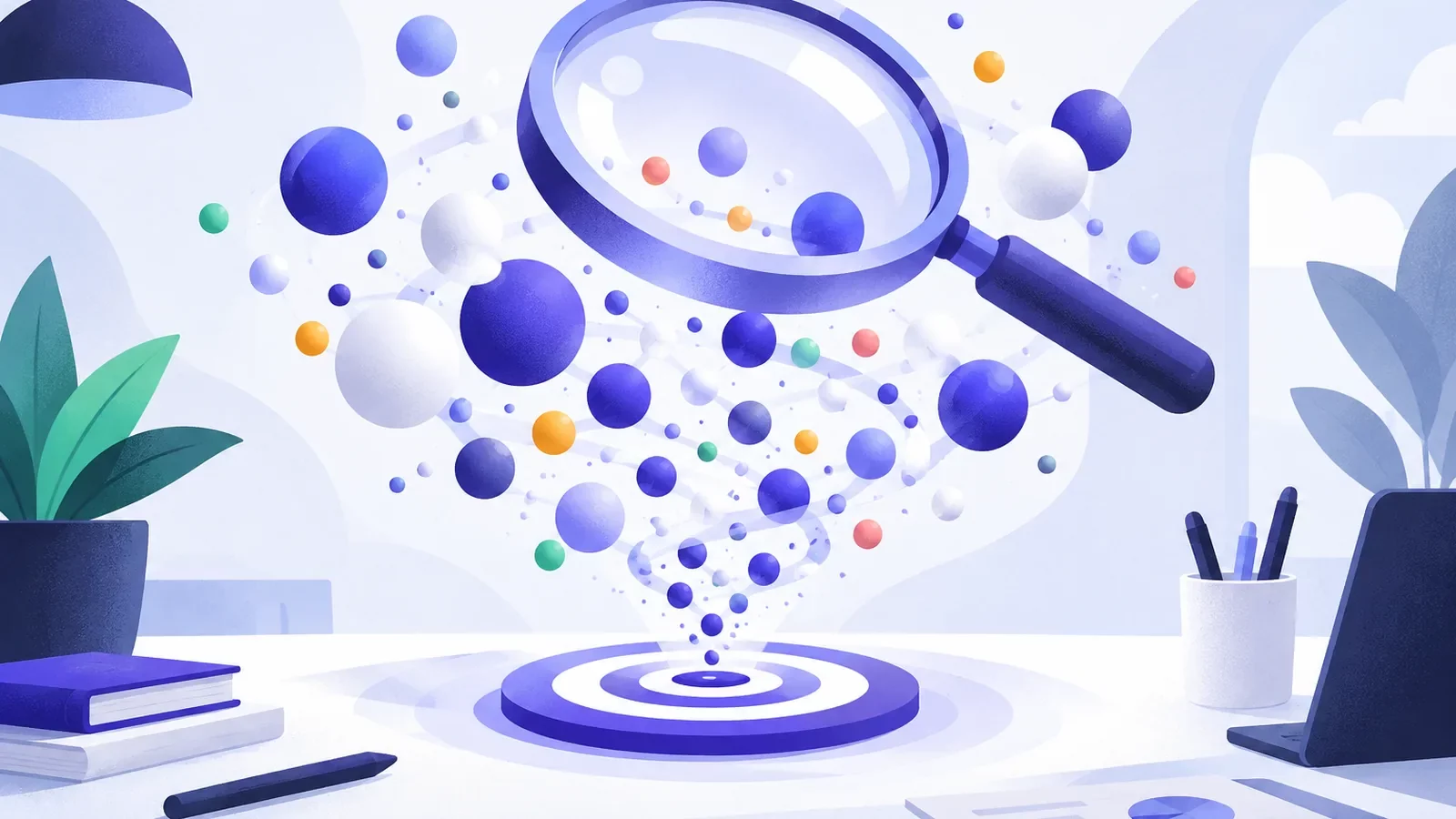 Grande loupe au-dessus d’un nuage de bulles colorées autour d’une cible centrale, recherche de mots-clés