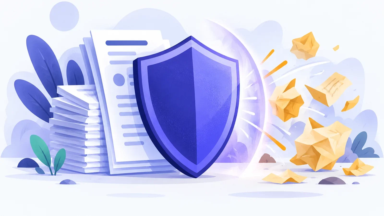 Bouclier indigo dressé devant un mur de pages dont certaines sont écartées par une barrière, règles anti-spam de Google