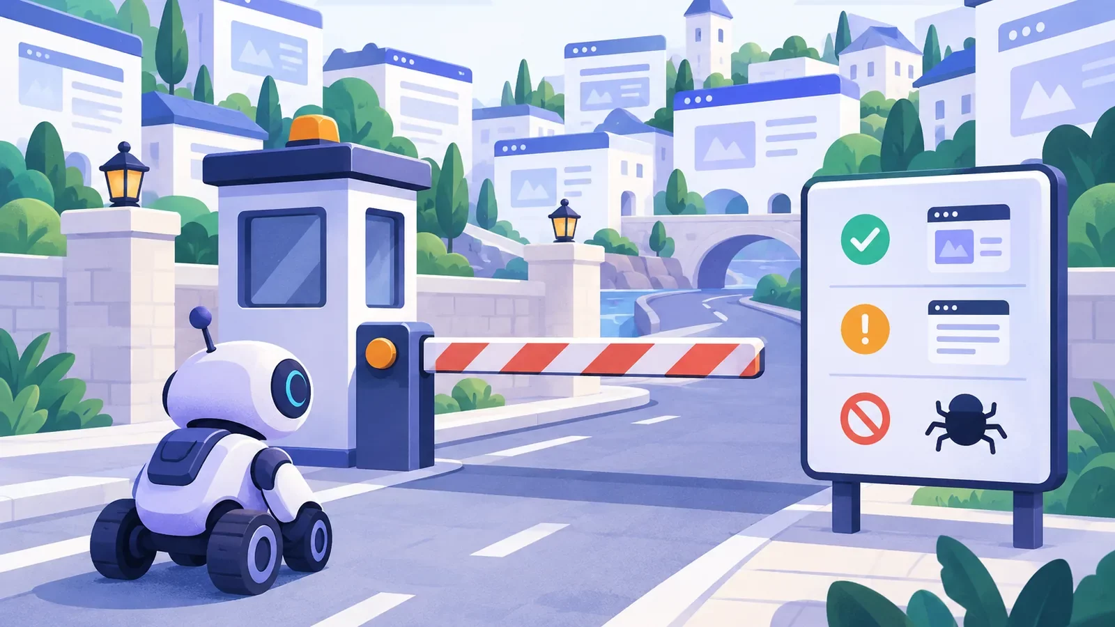 Petit robot d’exploration devant une barrière et un panneau de consignes à l’entrée d’un site, fichier robots.txt
