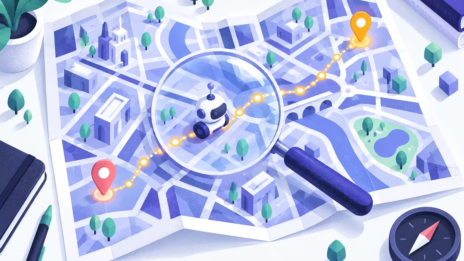Plan de site déplié sous une loupe, des épingles indigo marquant chaque page et un robot qui suit le trajet, sitemap XML